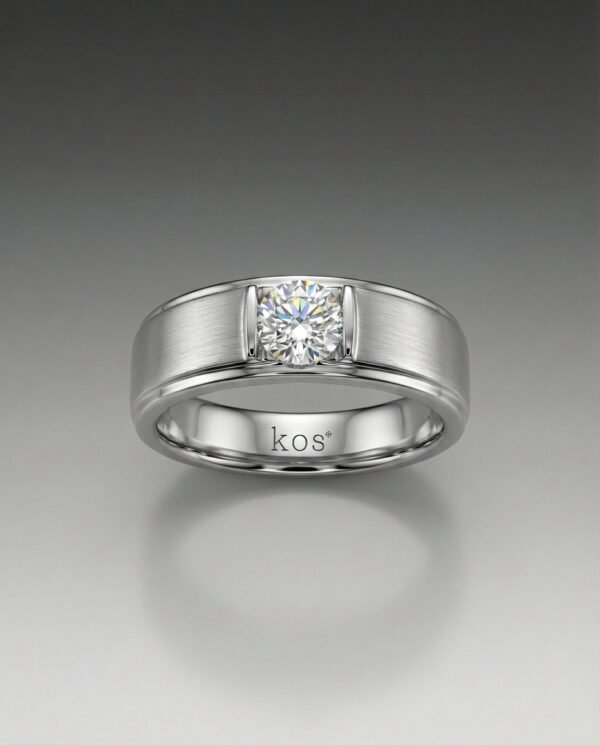 แหวนเพชรผู้ชายเม็ดเดี่ยว ตัวเรือนสีเงินขัดด้านสลับเงา