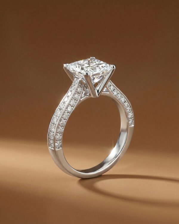 แหวนเพชรแท้ทรงสี่เหลี่ยม Princess Cut ตัวเรือนทองคำขาวประดับเพชรล้อม