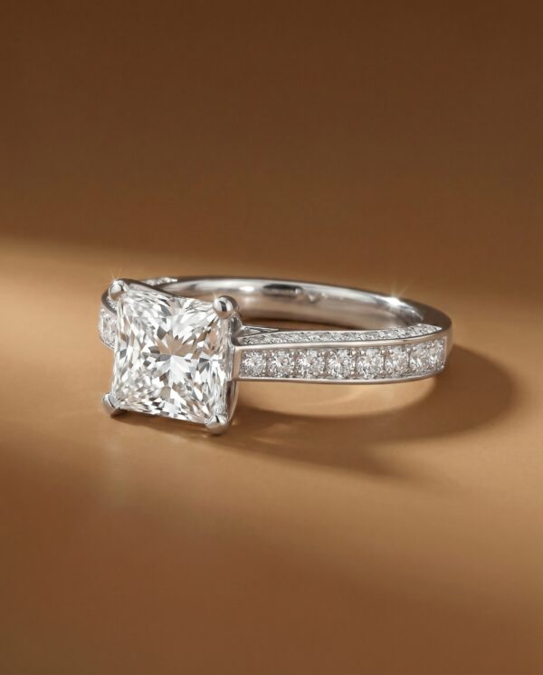 แหวนเพชรแท้ทรงสี่เหลี่ยม Princess Cut ตัวเรือนทองคำขาวประดับเพชรล้อม