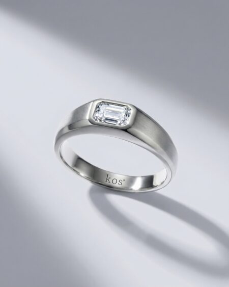 แหวนเพชร Emerald Cut ดีไซน์แนวนอน ตัวเรือนสีเงินขัดด้าน