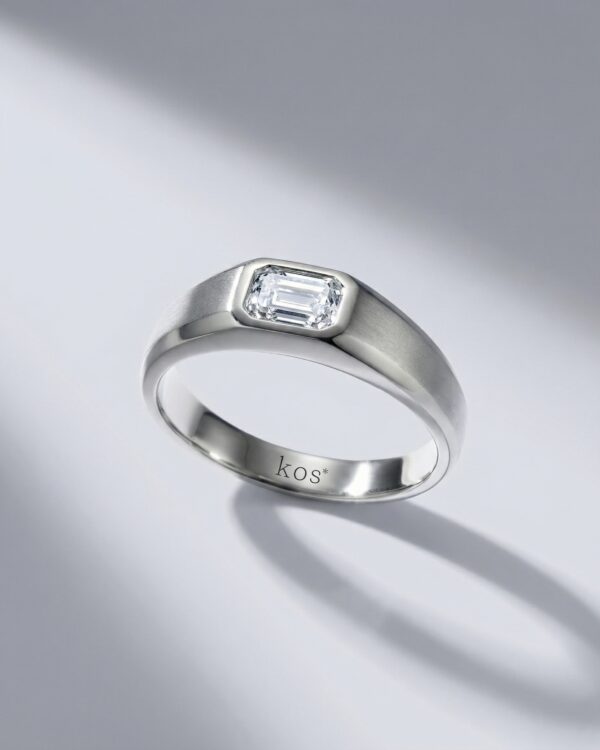 แหวนเพชร Emerald Cut ดีไซน์แนวนอน ตัวเรือนสีเงินขัดด้าน