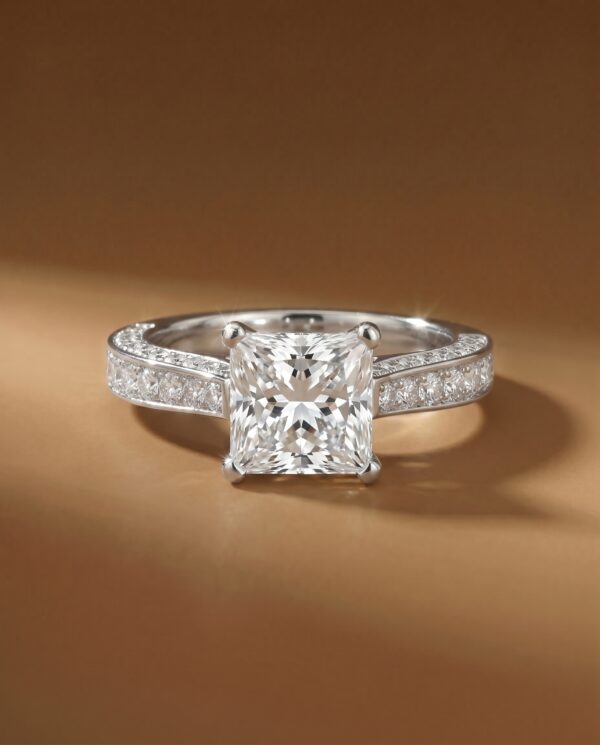 แหวนเพชรแท้ทรงสี่เหลี่ยม Princess Cut ตัวเรือนทองคำขาวประดับเพชรล้อม