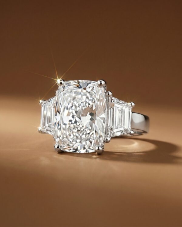 แหวนเพชร Elongated Cushion พร้อมเพชรข้าง Trapezoid Diamond