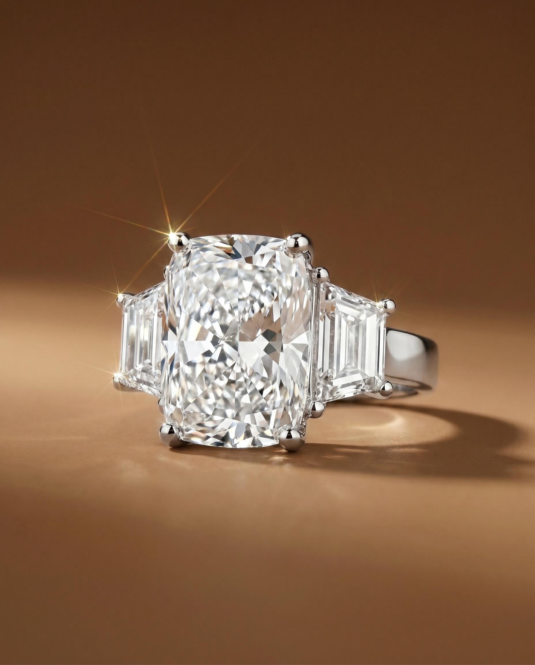 แหวนเพชร Elongated Cushion พร้อมเพชรข้าง Trapezoid Diamond