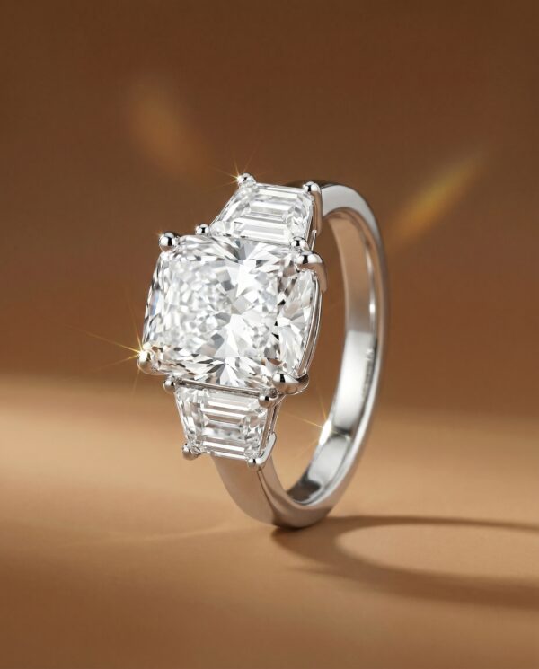 แหวนเพชร Elongated Cushion พร้อมเพชรข้าง Trapezoid Diamond