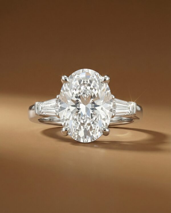 แหวนเพชร Oval Cut ดีไซน์ Three-Stone ขนาบข้างด้วยเพชรเหลี่ยม-แบรนด์-kos