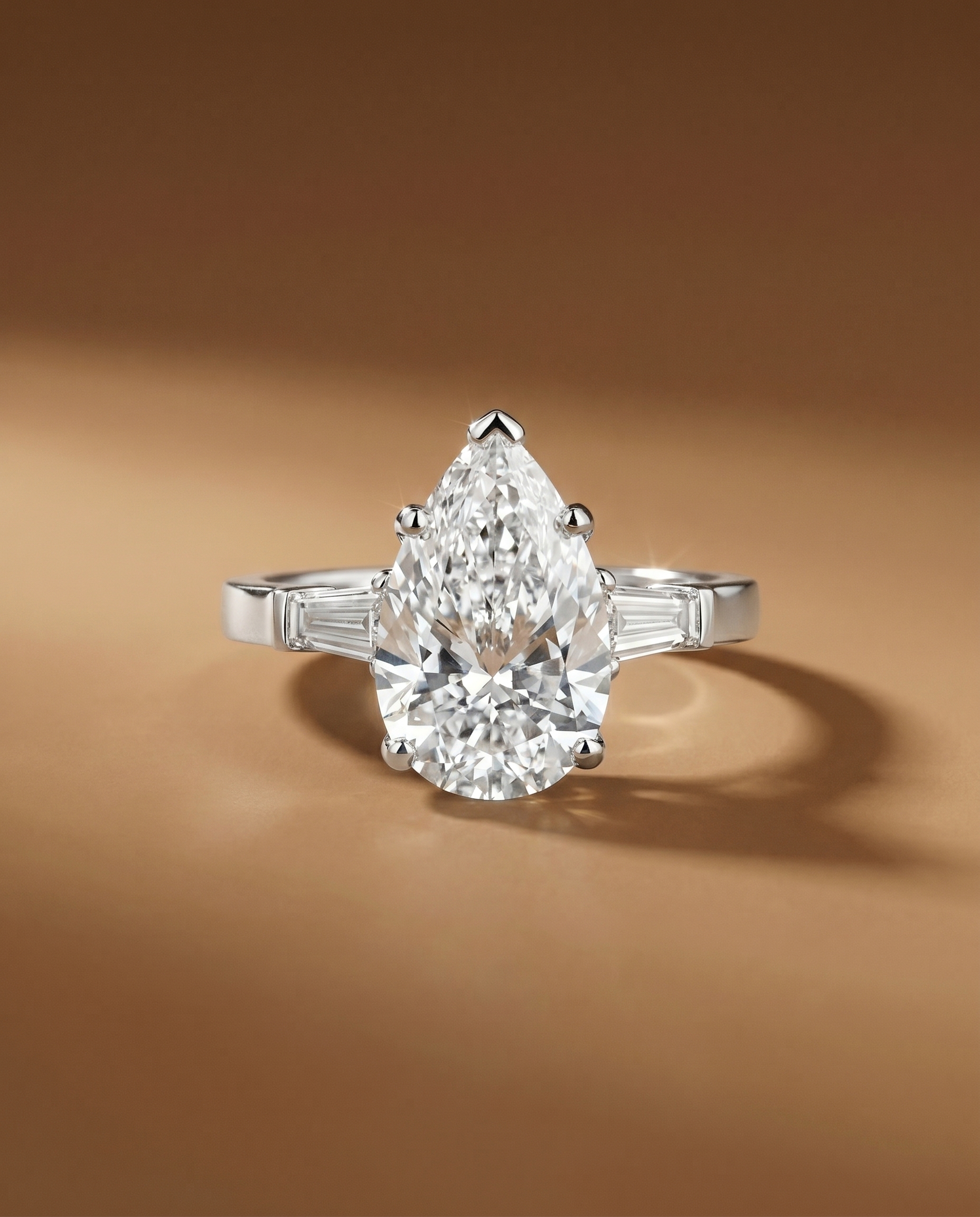 แหวนเพชรแต่งงาน The Three Stone Pear Ring เพชรไข่ พร้อมเพชรข้าง TAPERED BAGUETTE