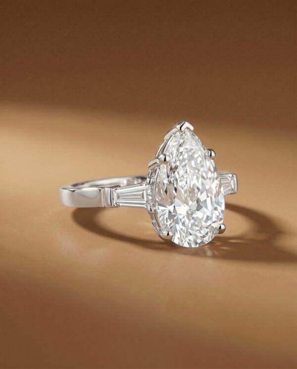 แหวนเพชรแต่งงาน The Three Stone Pear Ring เพชรไข่ พร้อมเพชรข้าง TAPERED BAGUETTE