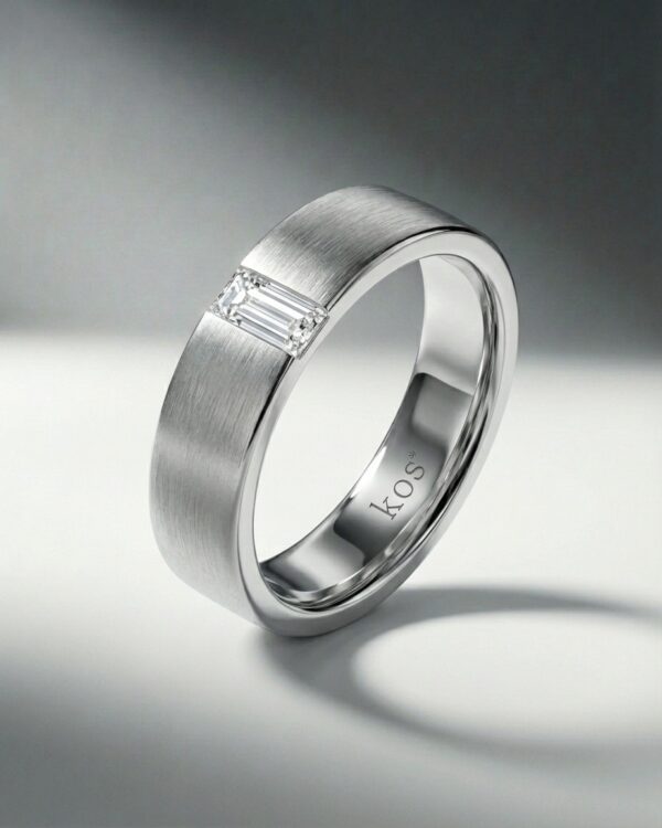 แหวนผู้ชาย KOS ฝังเพชรทรงสี่เหลี่ยม Baguette Cut ตัวเรือนสีเงินขัดด้าน
