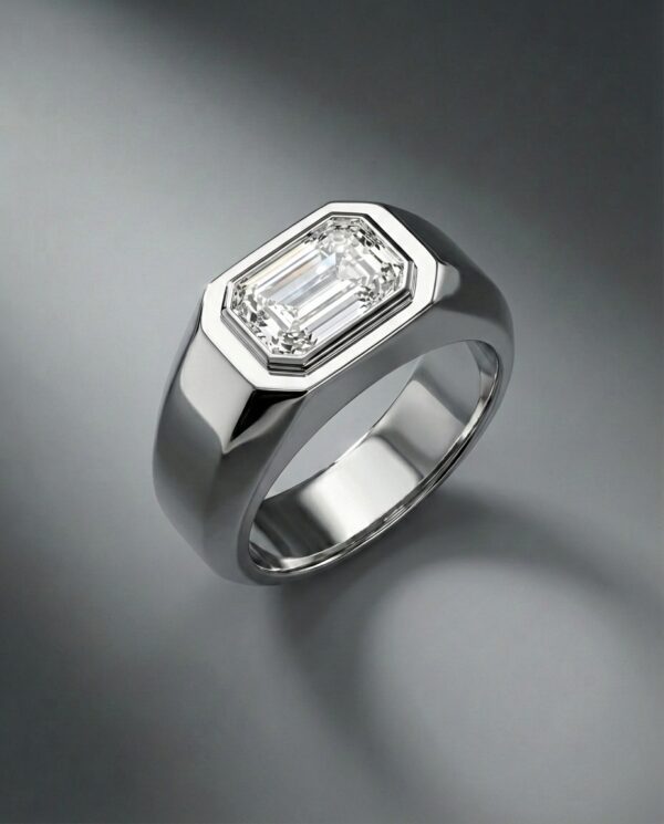 แหวนเพชร Emerald Cut ดีไซน์แนวนอน ตัวเรือนสีเงินขัดเงา