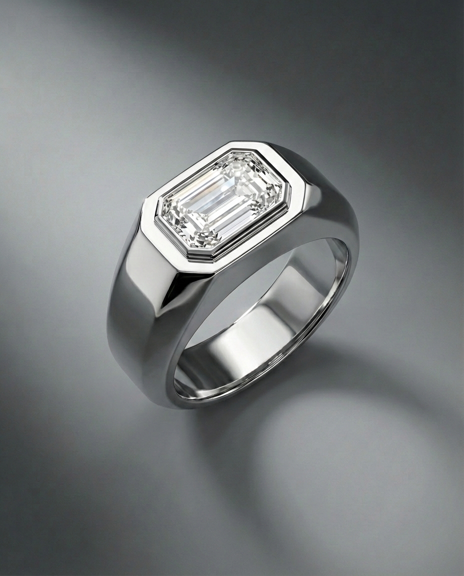 แหวนเพชร Emerald Cut ดีไซน์แนวนอน ตัวเรือนสีเงินขัดเงา