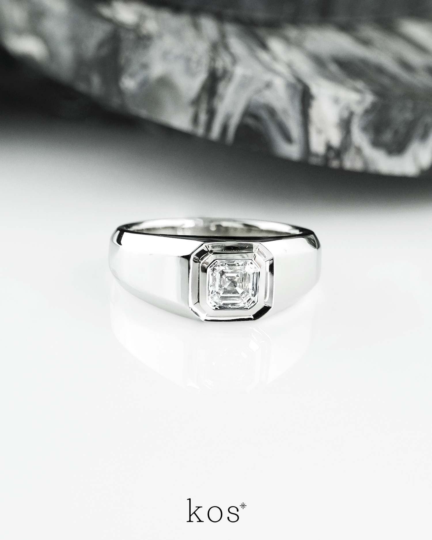 แหวนแต่งงานผู้ชาย Classic Asscher Diamond ตัวเรือน White Gold