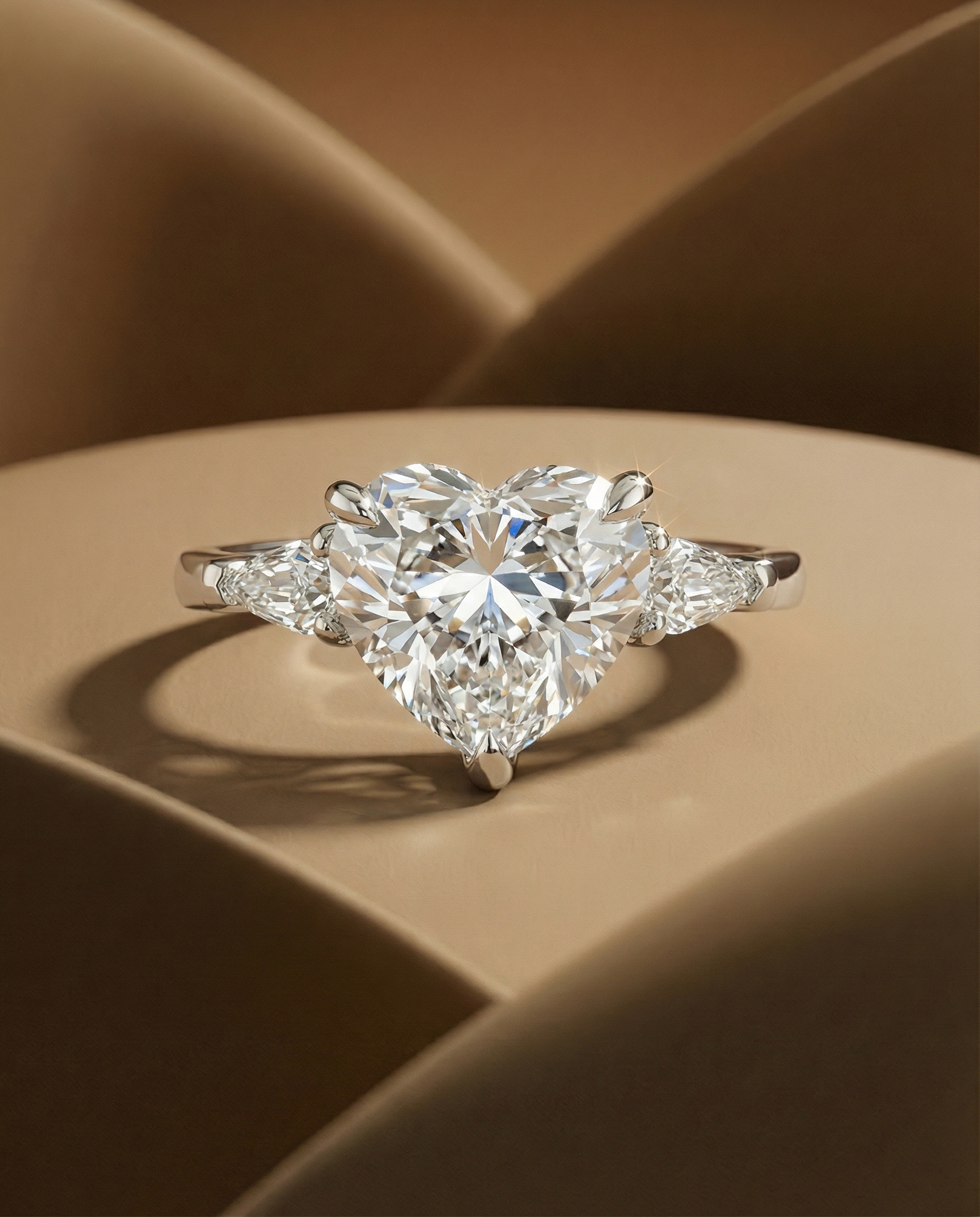 แหวนเพชรหัวใจ ตัวเรือน 3-Stone diamond เพชรข้างเป็น Step Pear Cut