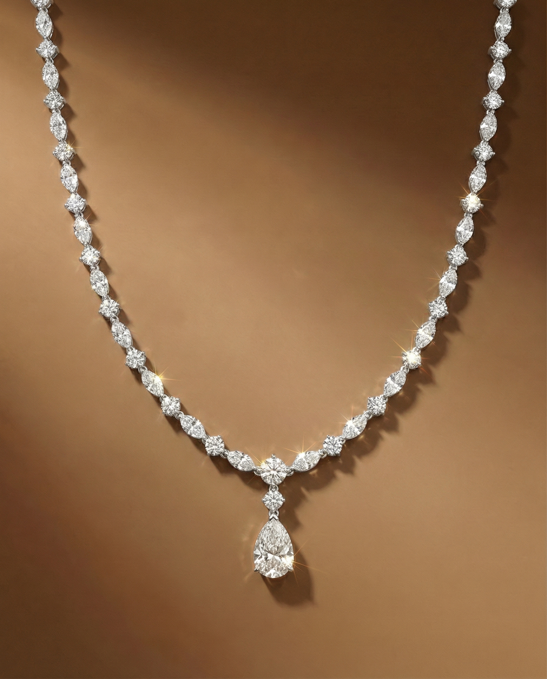 สร้อยคอเพชรสำหรับเจ้าสาว เพชรกลมสลับมาคี จี้เพชรหยดน้ำ