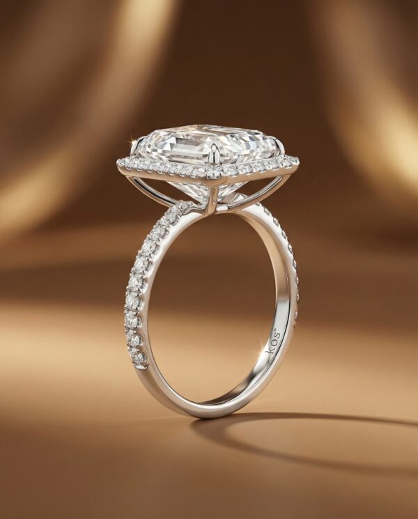 แหวนเพชร Emerald ตัวเรือนเพชรล้อม และเพชรบ่าข้าง