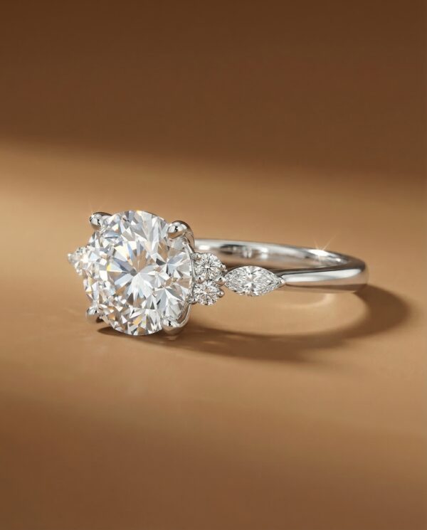 แหวนหมั้นเพชรกลมเม็ดกลาง ตัวเรือนทองคำขาว ประดับเพชรมาคีส์บ่าข้าง จาก Kos