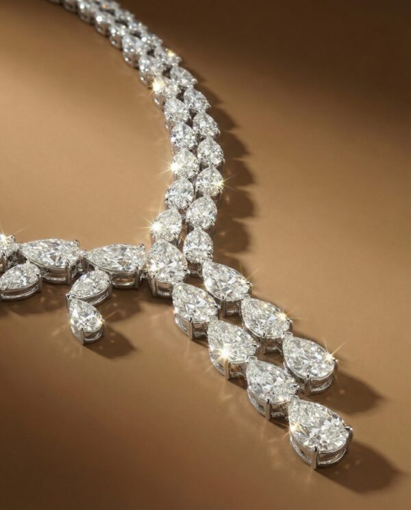 สร้อยคอเพชรหยดน้ำเส้นนี้มอบความหรูหราเหนือระดับด้วยเพชรน้ำงามเจียระไนทรงหยดน้ำที่เรียงร้อยอย่างมีมิติ คล้ายรูป cascading waterfallโอบรับแนวคออย่างสง่างาม