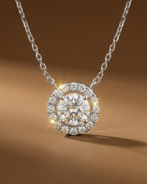สร้อยเพชรแท้ Round Diamond Halo ล้อมเพชร ตัวเรือนทองขาว