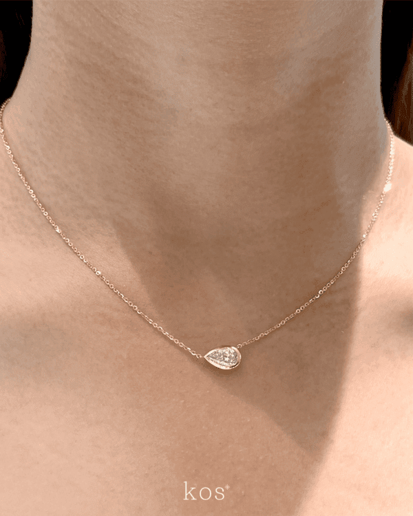 สร้อยเพชรแท้เม็ดเดี่ยว Pear Cut Solitaire ฝังหุ้ม Bezel Setting ตัวเรือนทอง