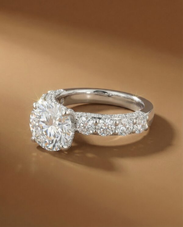 แหวนหมั้นเพชร Starlight Pave & Side-Stone จาก Kos Jewelry, ภาพแหวนหมั้นหรูหราทรงบ่าไขว้ประดับเพชรเม็ดเดี่ยวและเพชร Pave