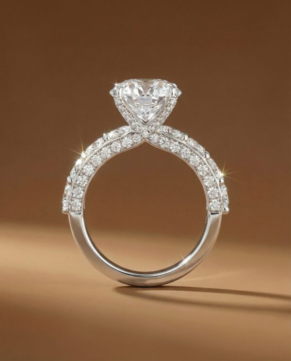 แหวนหมั้นเพชร Starlight Pave & Side-Stone จาก Kos Jewelry, ภาพแหวนหมั้นหรูหราทรงบ่าไขว้ประดับเพชรเม็ดเดี่ยวและเพชร Pave