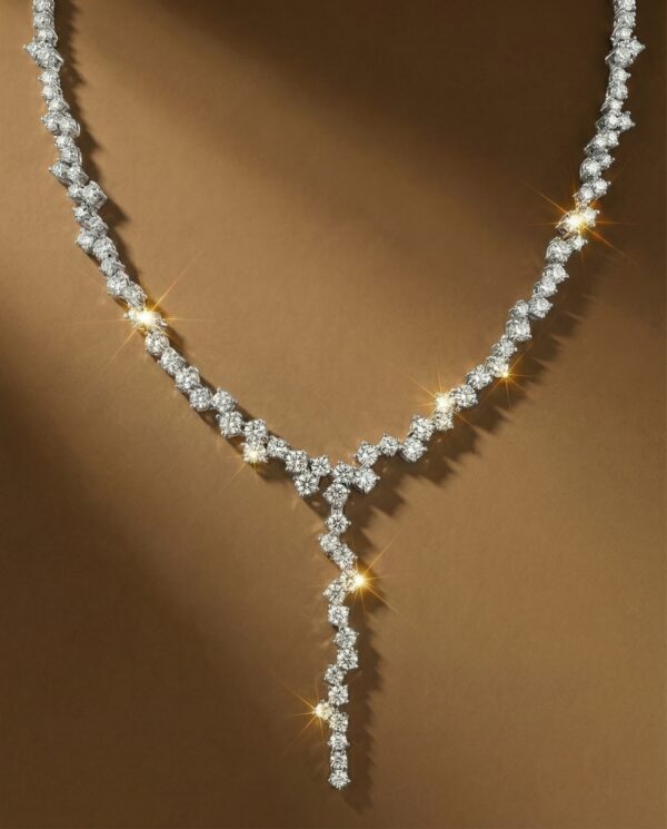 สร้อยคอเพชรแท้ดีไซน์ Y-Shape สไตล์ราชวงศ์ ประดับเพชรน้ำงามทรงกลม เรียงตัวแบบซิกแซกหรูหรา