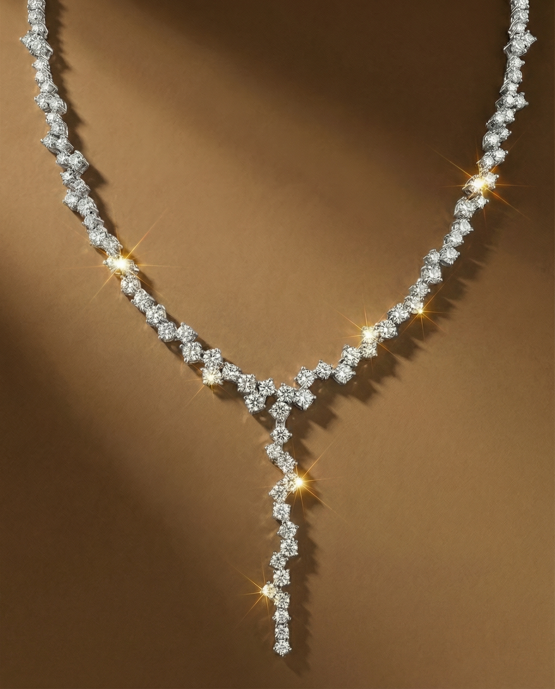 สร้อยคอเพชรแท้ดีไซน์ Y-Shape สไตล์ราชวงศ์ ประดับเพชรน้ำงามทรงกลม เรียงตัวแบบซิกแซกหรูหรา