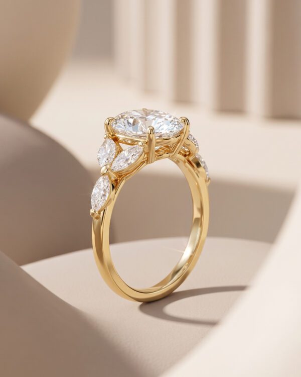 แหวนเพชรทรง Oval ล้อมข้างด้วยเพชร Marquise 3 เม็ดตัวเรือนทองคำ