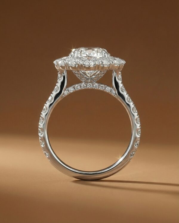 แหวนหมั้นเพชรทรงโอวัลล้อมเพชร ตัวเรือนทองคำขาวประดับเพชรที่ก้านแหวน