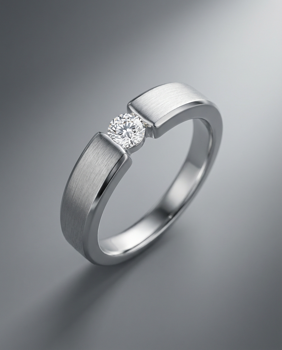 แหวนเพชรชายดีไซน์โมเดิร์น-ผิวสัมผัสขัดด้านตัดขอบเงา-แบรนด์-kos
