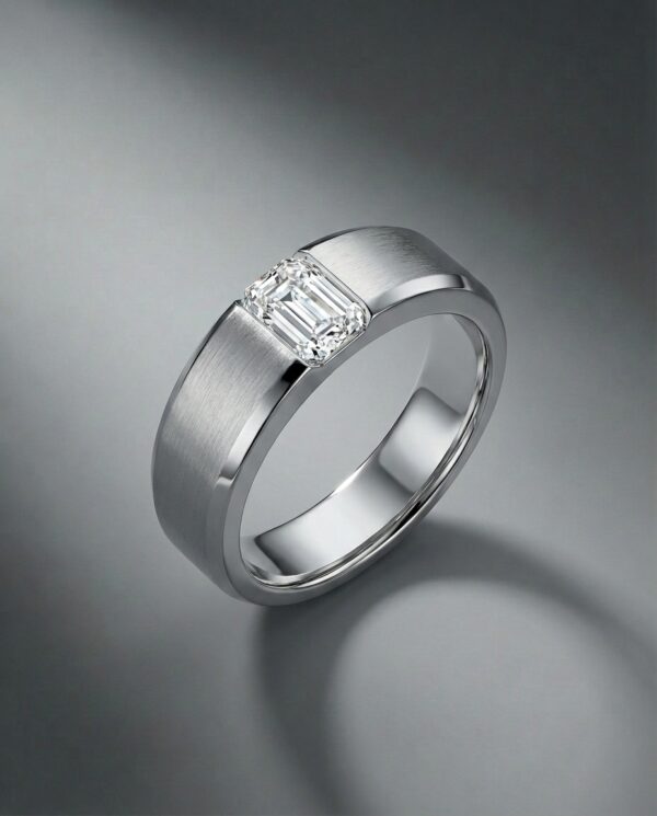 แหวนเพชรชายทรง Emerald-Cut-ตัวเรือนสีเงินขัดด้าน-แบรนด์-kos