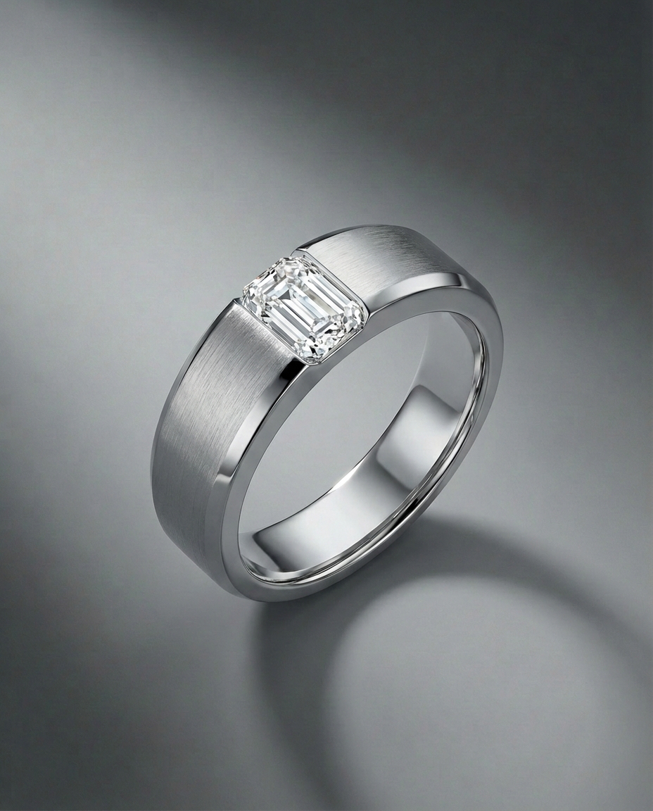 แหวนเพชรชายทรง Emerald-Cut-ตัวเรือนสีเงินขัดด้าน-แบรนด์-kos