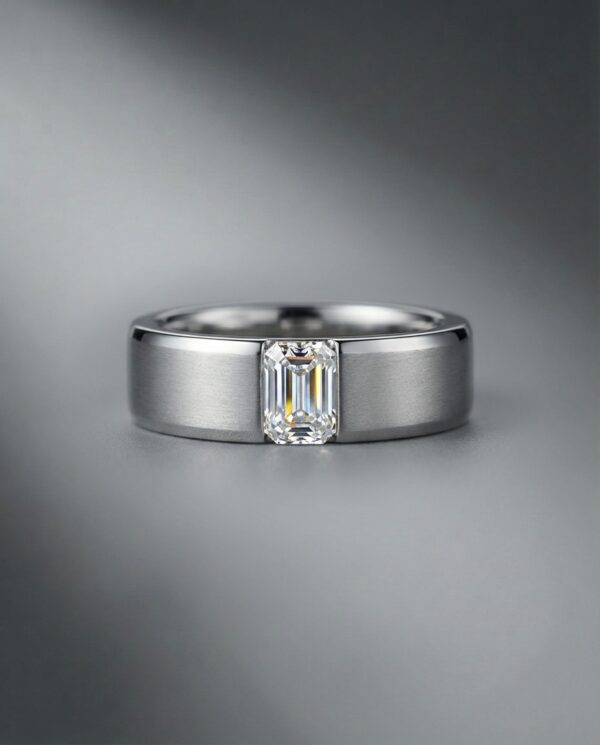 แหวนเพชรชายทรง Emerald-Cut-ตัวเรือนสีเงินขัดด้าน-แบรนด์-kos