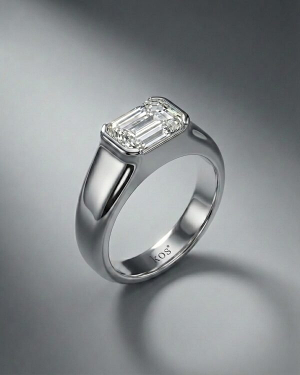 แหวนเพชรชายทรงสี่เหลี่ยม-Emerald-Cut-ตัวเรือนขัดเงาสวยงาม-แบรนด์-kos