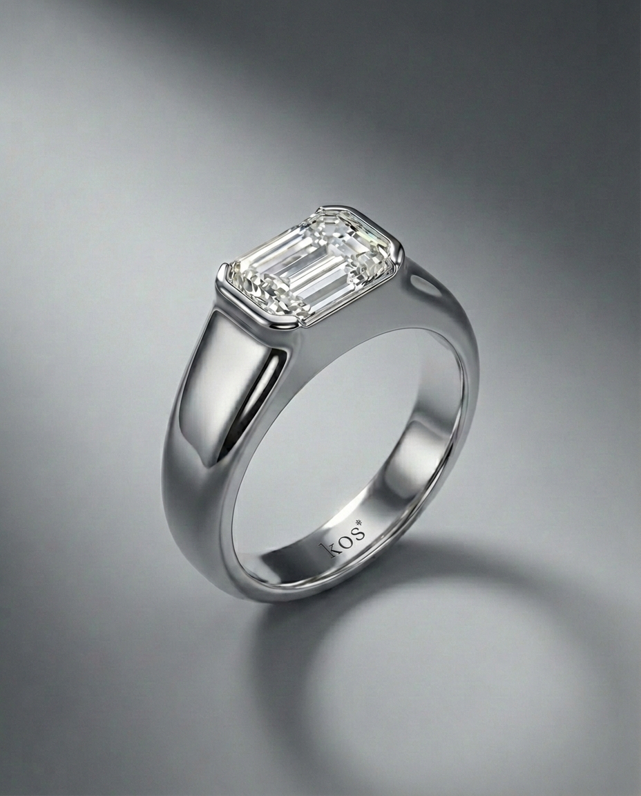 แหวนเพชรชายทรงสี่เหลี่ยม-Emerald-Cut-ตัวเรือนขัดเงาสวยงาม-แบรนด์-kos