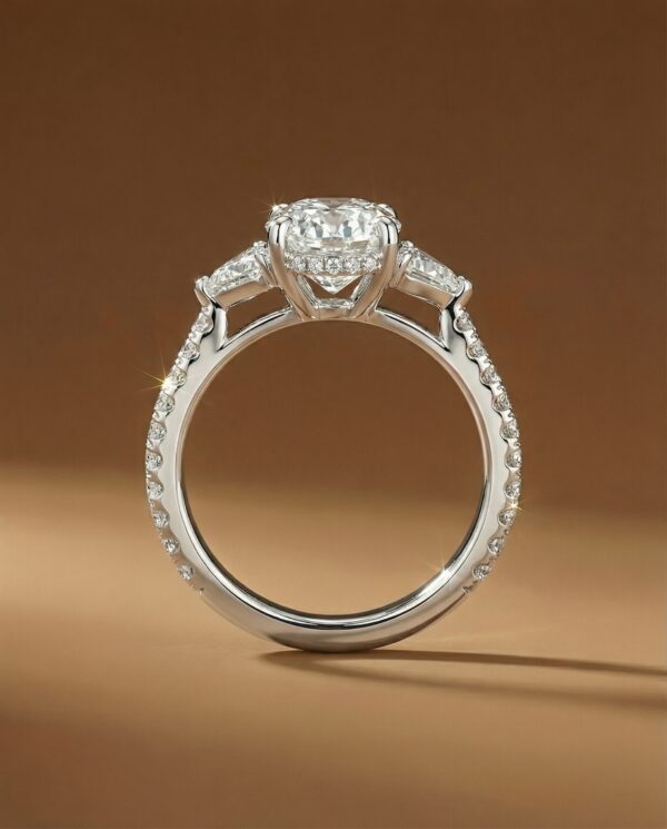 แหวนเพชรรูปไข่-3-เม็ดเรียง-Oval-Three-Stone-Ring-ประดับเพชรข้างทรงสามเหลี่ยม