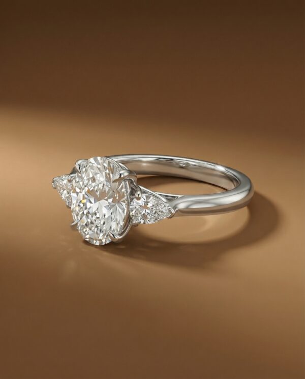 แหวนหมั้นเพชร 3 เม็ด ดีไซน์เพชร Oval ขนาบด้วยเพชรทรงหยดน้ำ-แบรนด์-kos