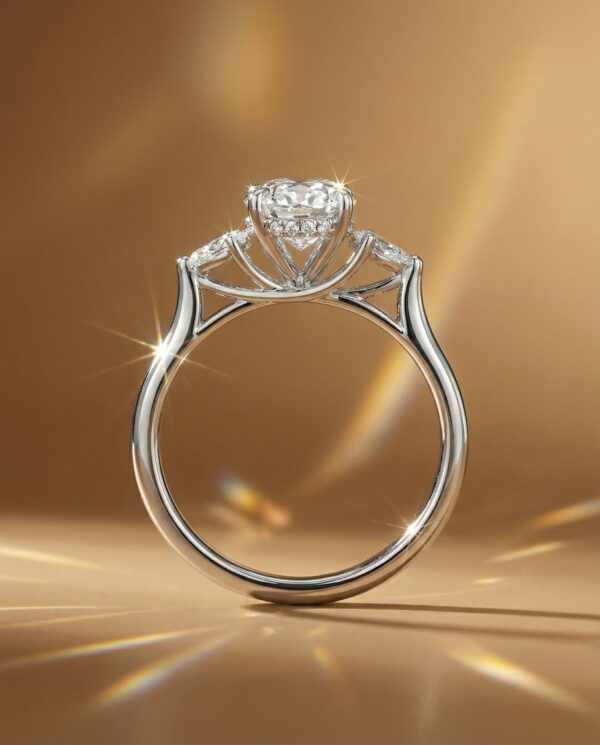 แหวนหมั้นเพชร 3 เม็ด ดีไซน์เพชร Oval ขนาบด้วยเพชรทรงหยดน้ำ-แบรนด์-kos