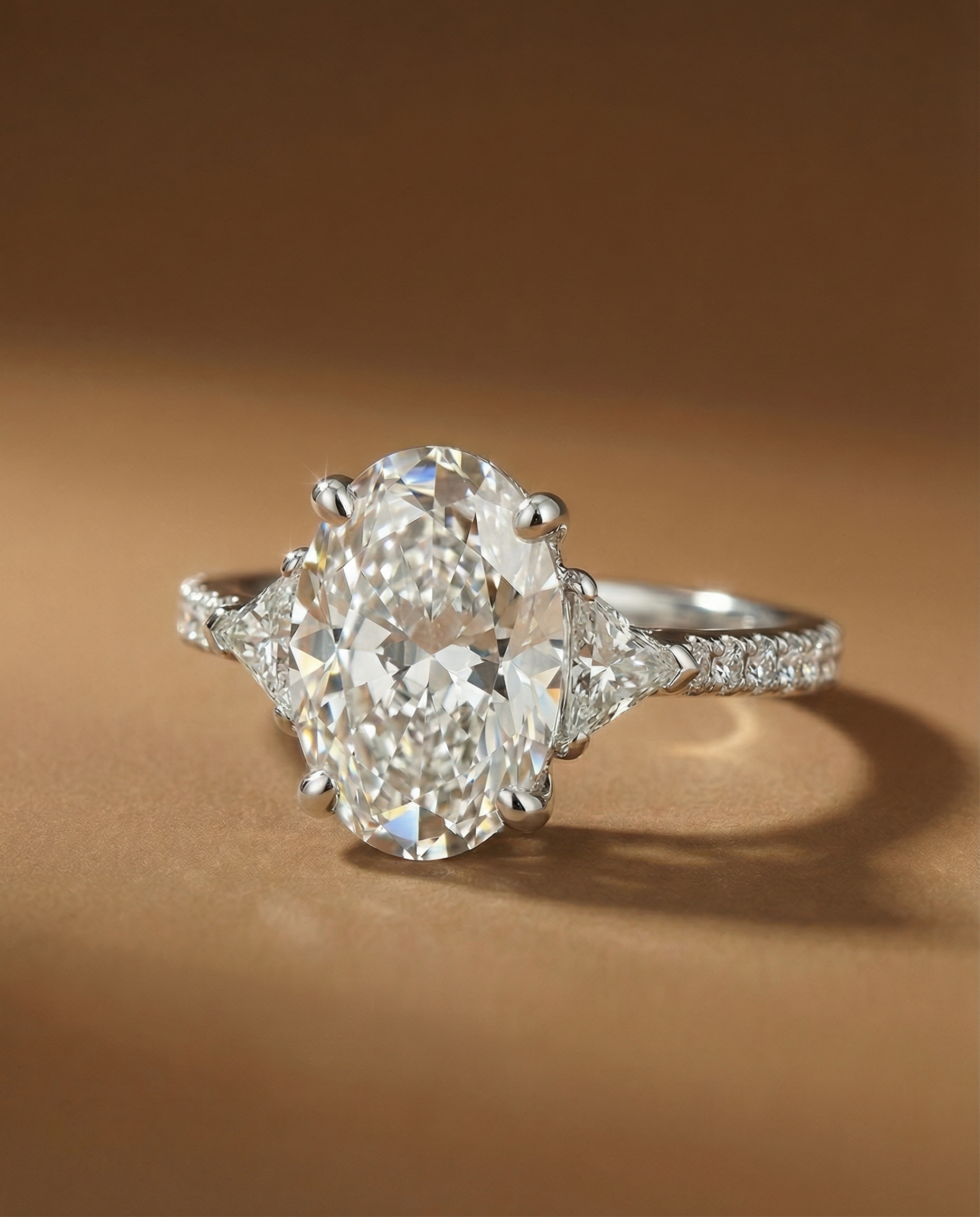 แหวนเพชรรูปไข่-3-เม็ดเรียง-Oval-Three-Stone-Ring-ประดับเพชรข้างทรงสามเหลี่ยม