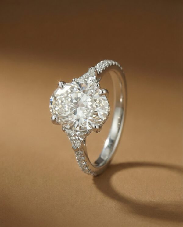 แหวนเพชรรูปไข่-3-เม็ดเรียง-Oval-Three-Stone-Ring-ประดับเพชรข้างทรงสามเหลี่ยม