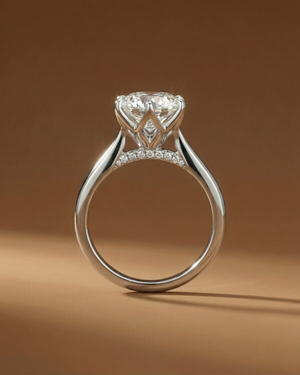 แหวนเพชรชูเม็ดเดี่ยวทรงกลม ดีไซน์ประดับเพชรที่สะพานแหวน