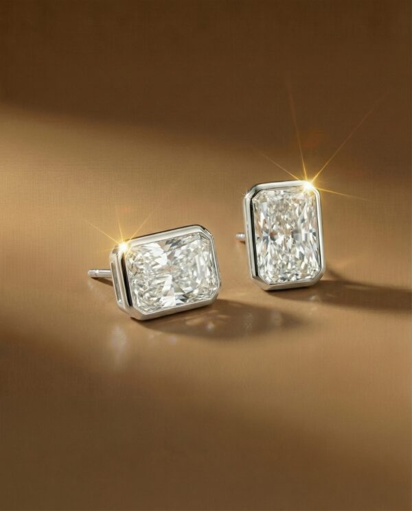 ต่างหูเพชรเม็ดเดี่ยว เพชร Radiant ตัวเรือนฝังหุ้ม