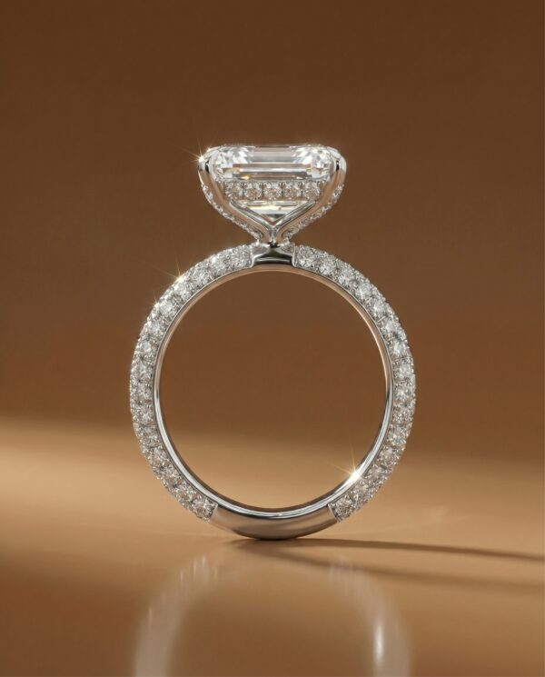 แหวนหมั้นเพชรแท้ทรง Emerald Cut เม็ดเดี่ยว ตัวเรือนฝังเพชร Pave