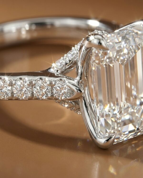ด้านข้างแหวนเพชร Emerald Cut ดีไซน์บ่าแหวนไขว้ฝังเพชร
