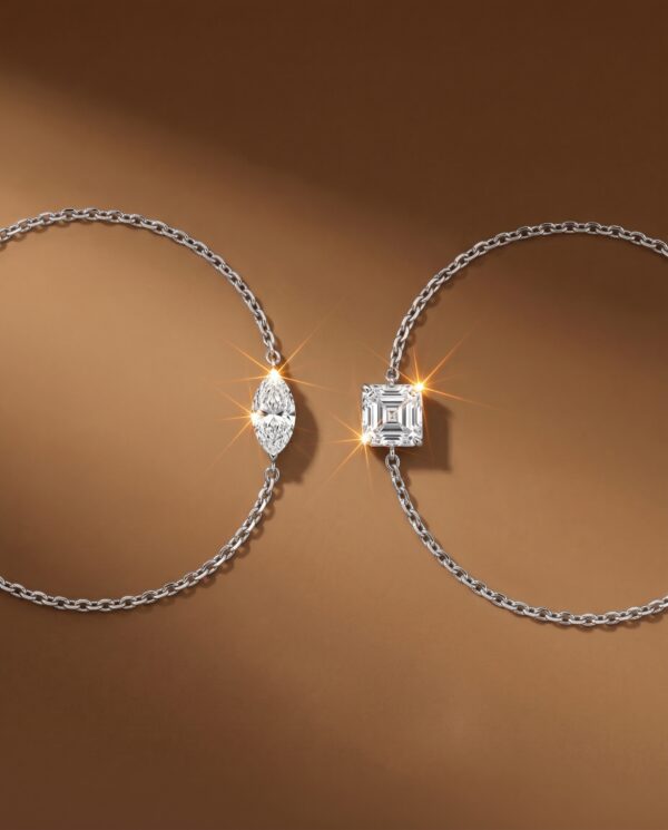 สร้อยข้อมือเพชรแท้เม็ดเดี่ยวทรง Asscher Cut และ Marquise Cut ดีไซน์ตัวเรือนโซ่ทองคำขาวสไตล์มินิมอล