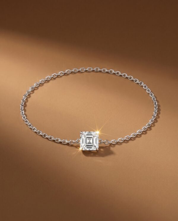 สร้อยข้อมือเพชรแท้เม็ดเดี่ยวทรง Asscher Cut ดีไซน์ตัวเรือนโซ่ทองคำขาวสไตล์มินิมอล