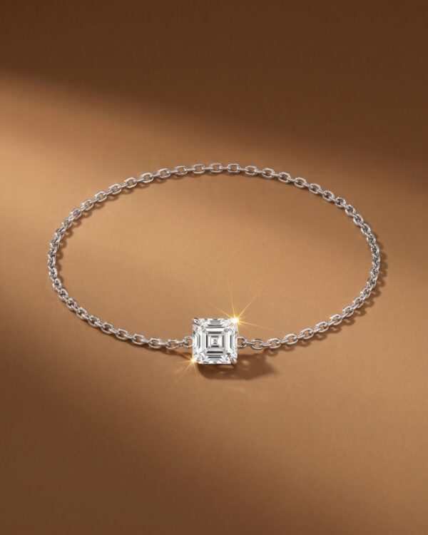 สร้อยข้อมือเพชรแท้เม็ดเดี่ยวทรง Asscher Cut ดีไซน์ตัวเรือนโซ่ทองคำขาวสไตล์มินิมอล