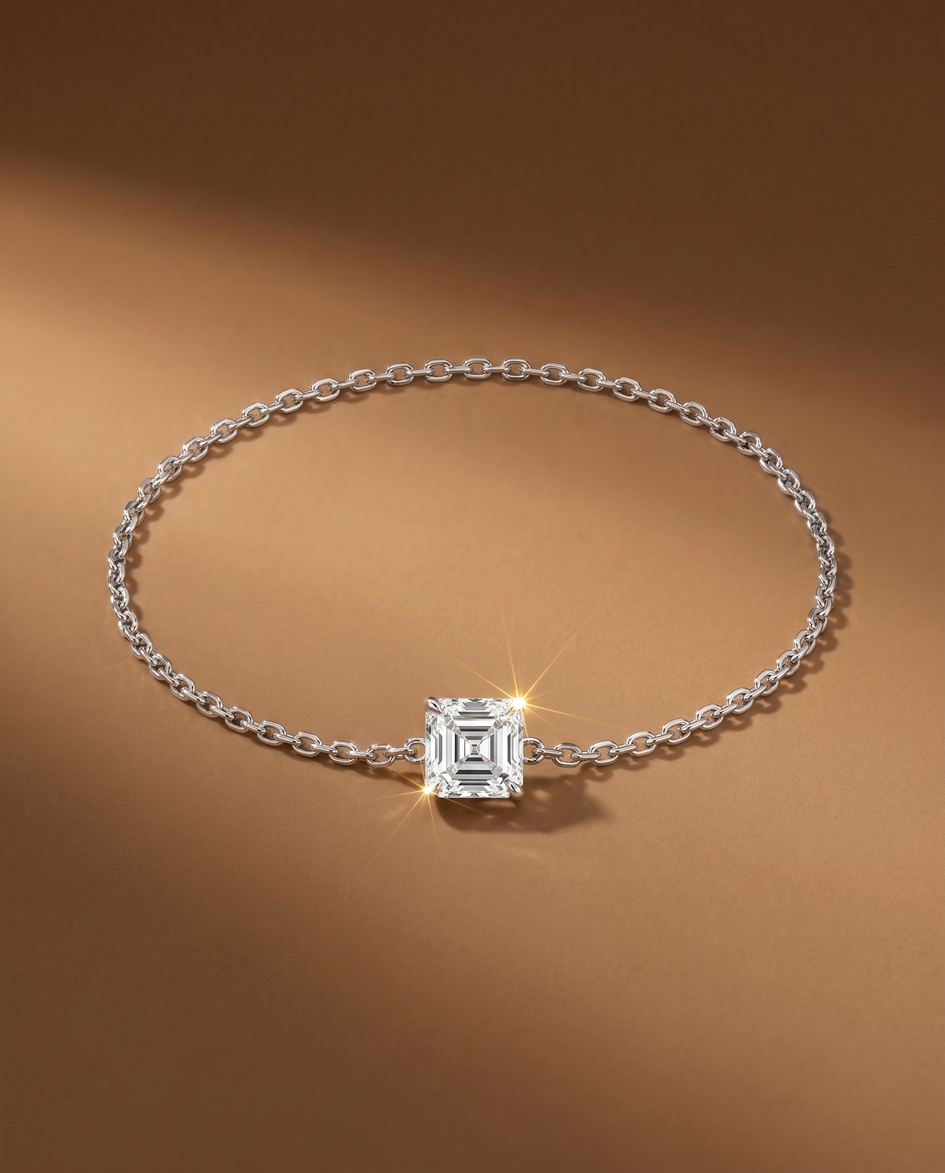 สร้อยข้อมือเพชรแท้เม็ดเดี่ยวทรง Asscher Cut ดีไซน์ตัวเรือนโซ่ทองคำขาวสไตล์มินิมอล