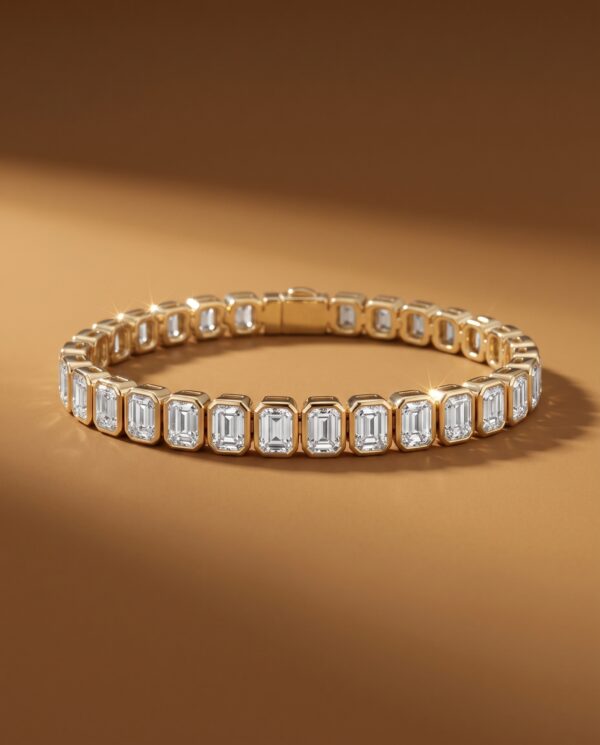 สร้อยข้อมือเพชรแท้ทรงสี่เหลี่ยมผืนผ้า Emerald Cut ฝังหุ้มแบบ Bezel Setting บนตัวเรือนทองคำสีทอง