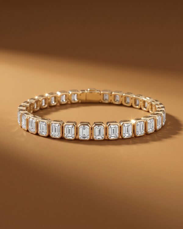 สร้อยข้อมือเพชรแท้ทรงสี่เหลี่ยมผืนผ้า Emerald Cut ฝังหุ้มแบบ Bezel Setting บนตัวเรือนทองคำสีทอง